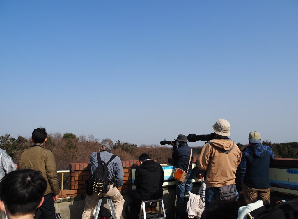 六道山公園展望台で待機する人たち